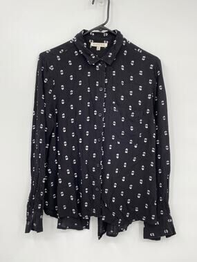Harper Black Button Front Printed Long Sleeve Blouse Open Back Size Medium